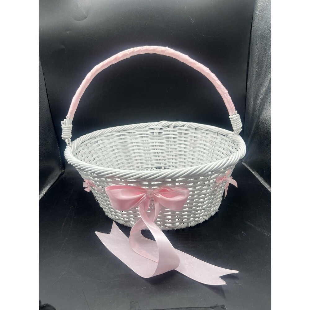 White Wicker Basket with Pink Ribbon, 14" Diameter, 11.5" Tall